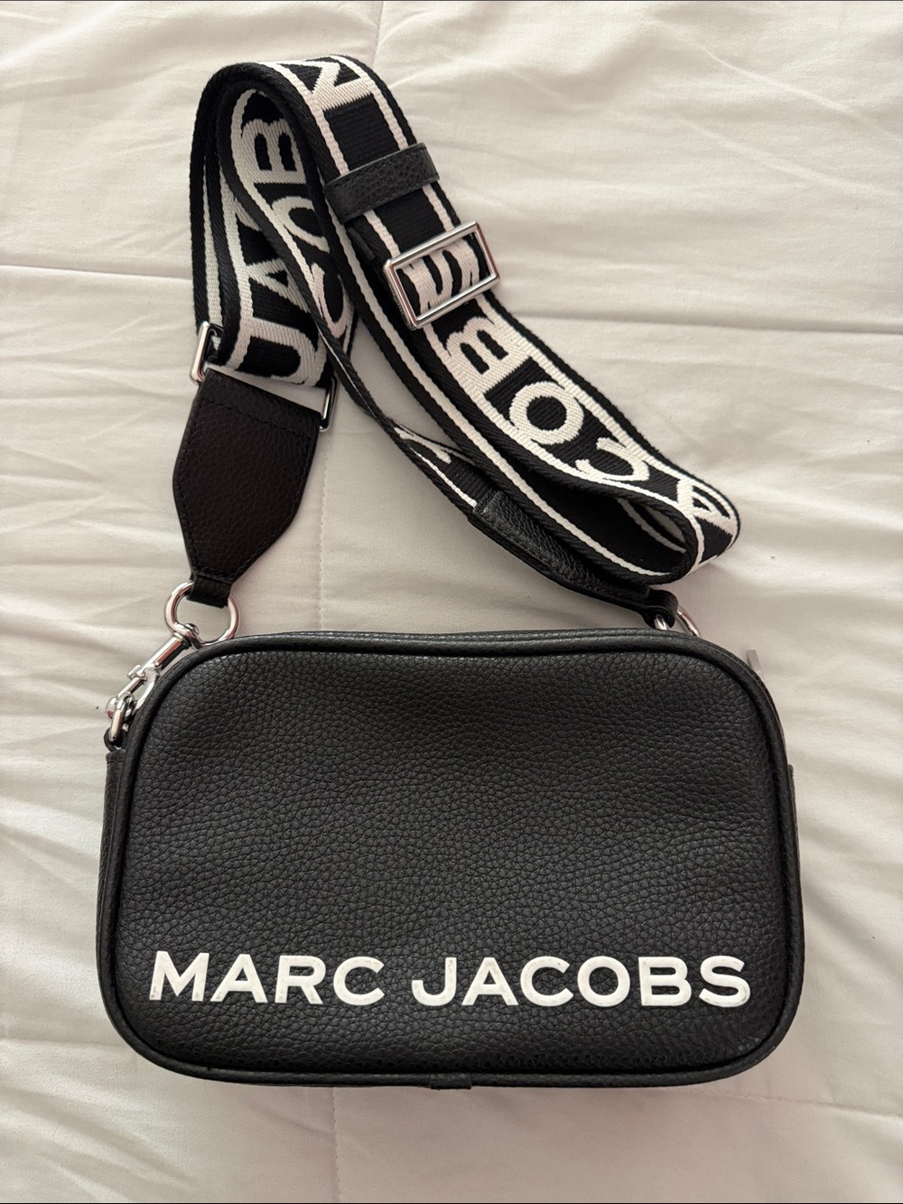 Marc Jacobs Black Pebbled Leather Camera Bag with Black & White Logo Strap